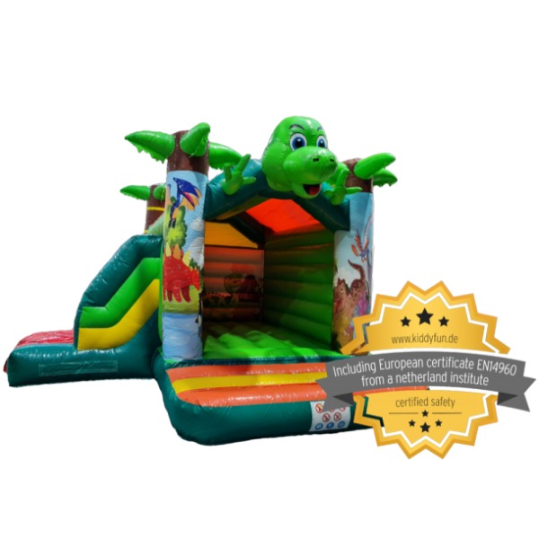 Springkussen Dino met glijbaan 5x4,5m huren
